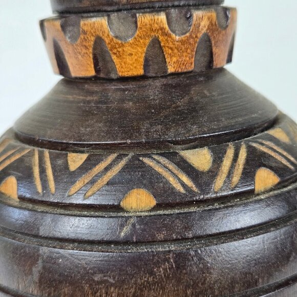 Vintage Handcarved Dark Wooden Footed Vase Folk Art Two Tone Brown - Picture 7 of 12